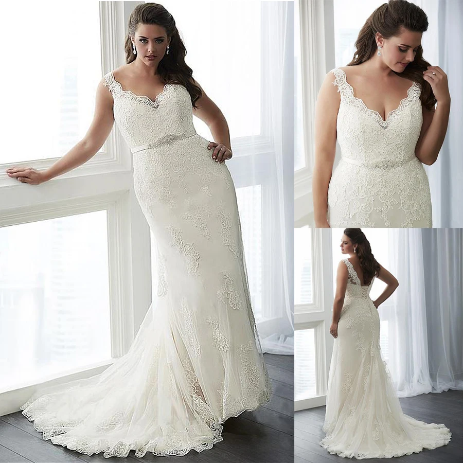 Элегантное Тюлевое свадебное платье с v-образным вырезом, Русалка, большие размеры, с кружевными аппликациями, с поясом, украшенным бисером, 26 Вт, размер, свадебные платья