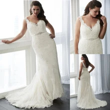 Элегантное Тюлевое свадебное платье с v-образным вырезом, Русалка, большие размеры, с кружевными аппликациями, с поясом, украшенным бисером, 26 Вт, размер, свадебные платья