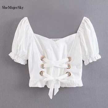 

SheMujerSky White Short Blouse Women Embroidery Puff Sleeve Shirts korean Bandage Tops 2019 Cotton Linen Blouses