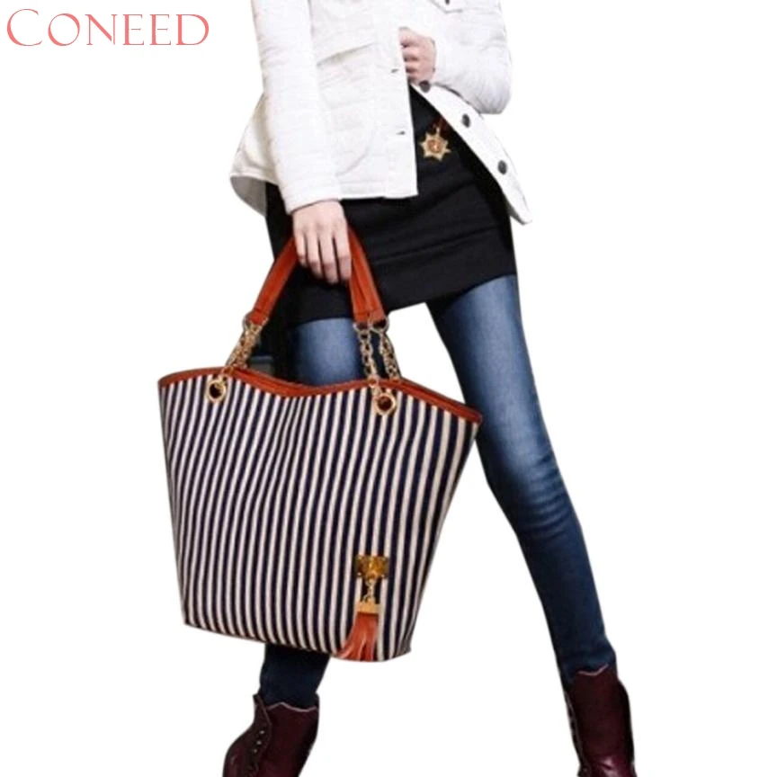 

CONEED Fashion Handbags Charming Nice Women Girl Stripe Tassels Chain Canvas Shopping Handbag Shoulder Tote Shop Bag May26 Y25