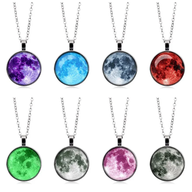 Hot sale Glow In The Dark Moon Pendant Necklace Galaxy Planet Glass Cabochon Luminous Jewelry Silver Chain Necklace Women