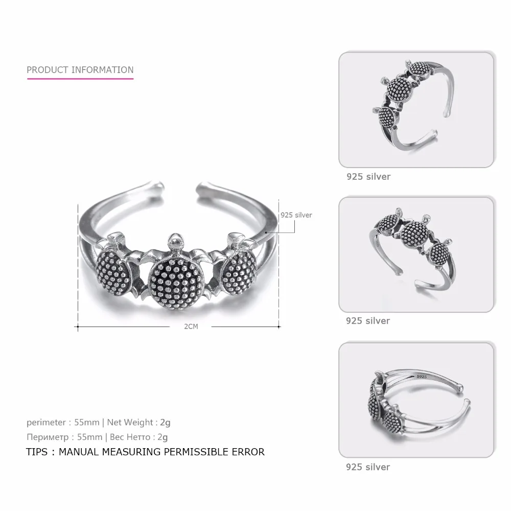 eManco Women 925 Silver Ring Small Turtle Shape Opening Ring Cute Animal Natural Ring New Arrivals Jewelry Accessories