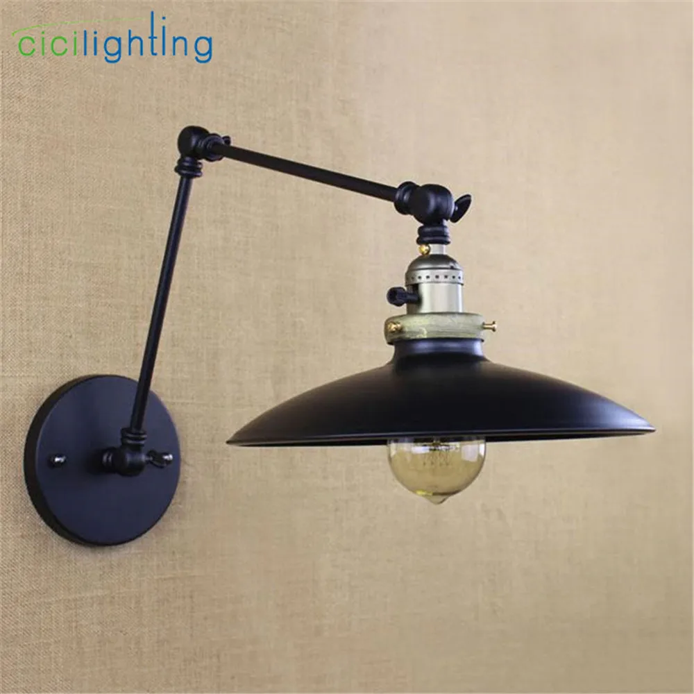 

Vintage Black 25+25cm double swing arms adjusted knob swtich on off wall lamp Industrial Iron Metal Lid lampshade lampara luz