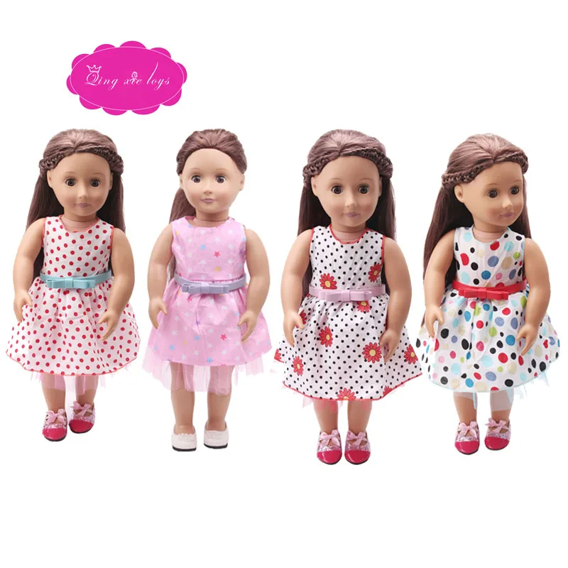 

2018 print dress + belt 4 style fit 18 inch Girl dolls and 43 cm baby doll clothes accessories c7