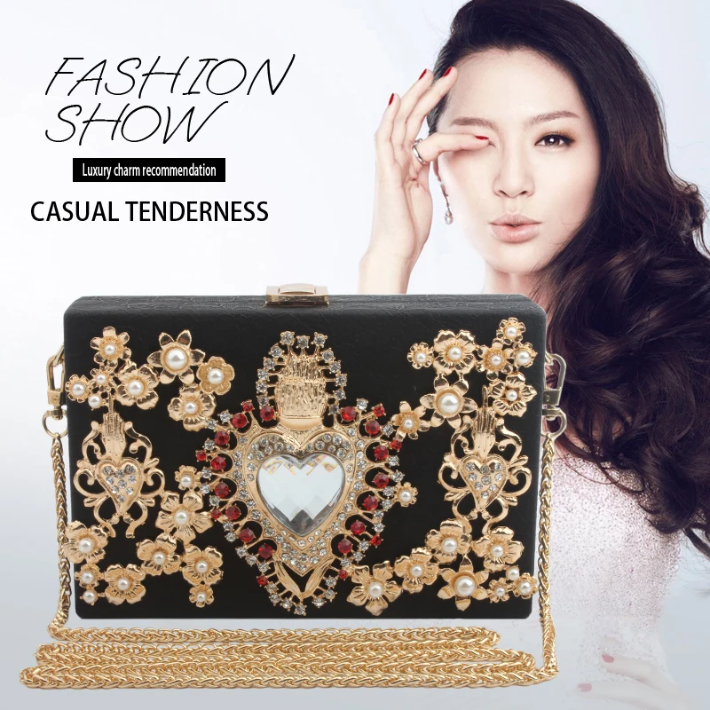 

Women Clutch Evening Bag PU Gold Crown Flower Beaded Diamonds Shoulder Handbags Messenger Crossbody Bags Totes Bag Box Purse Top