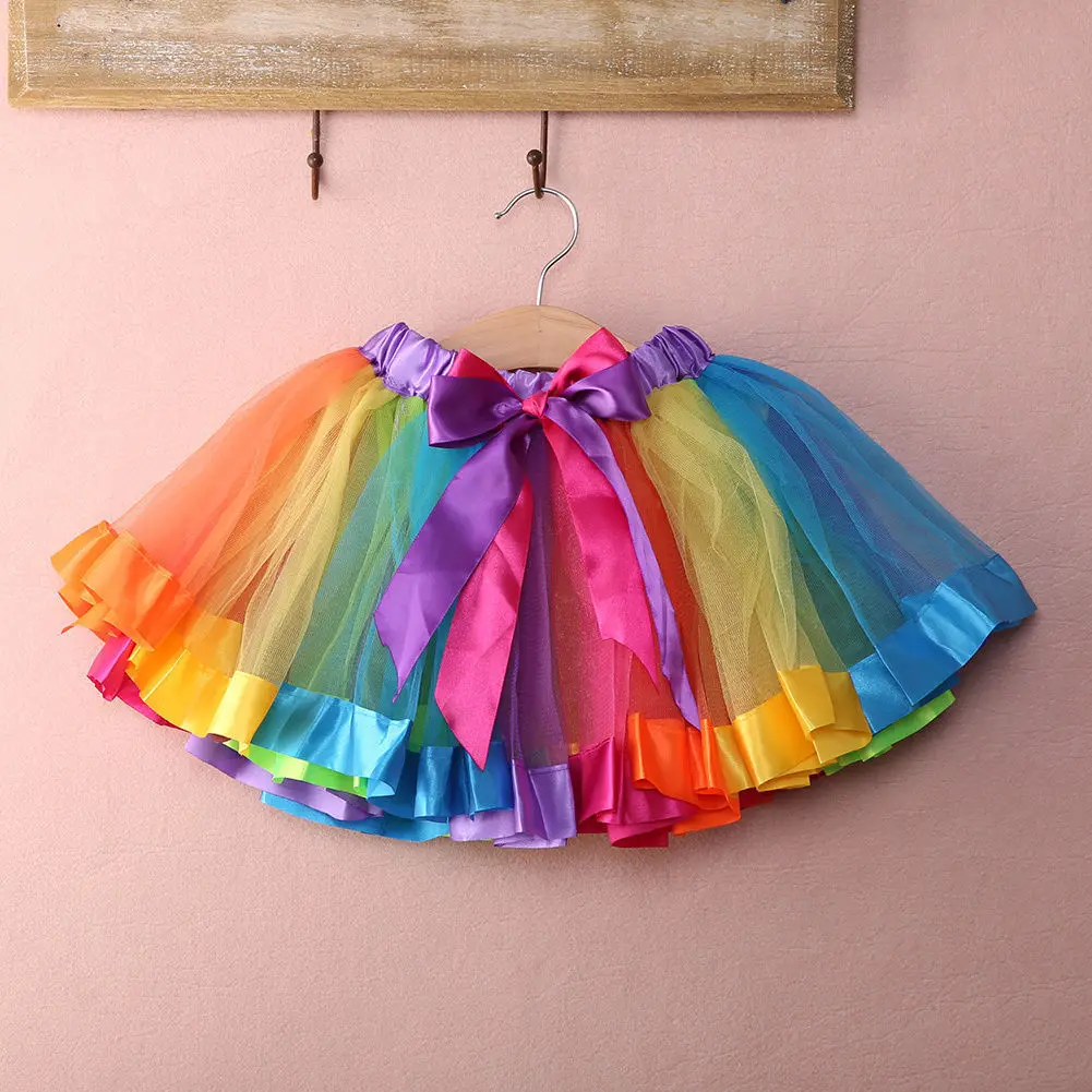 

rainbow Kids Baby Handmade Colorful girls Tutu Skirt bow high waist Tulle Tutu Mini skirt 0-8Y