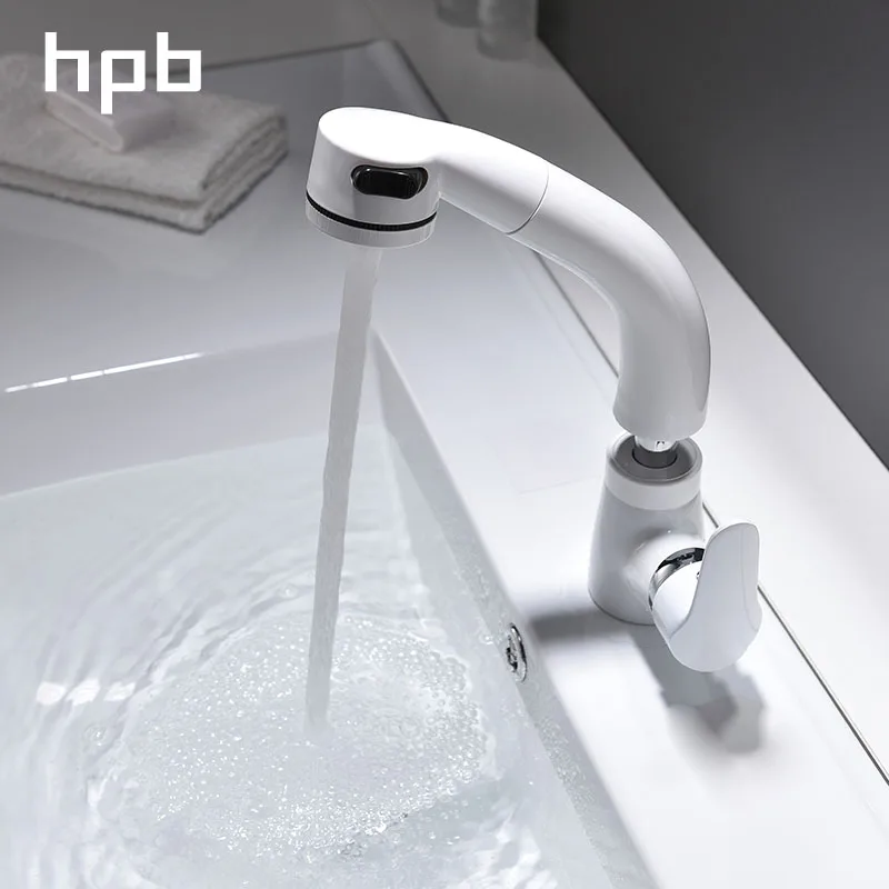 HPB Белый Выдвижной кран для ванной комнаты латунный кран для раковины горячей и холодной воды с одной ручкой может быть поднят вверх и вниз