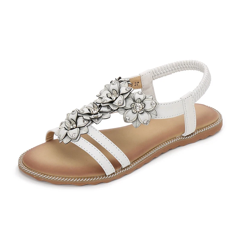 

Women T-Strap Beaded Flower Gladiator Flat Dress Sandals Beach Shoes