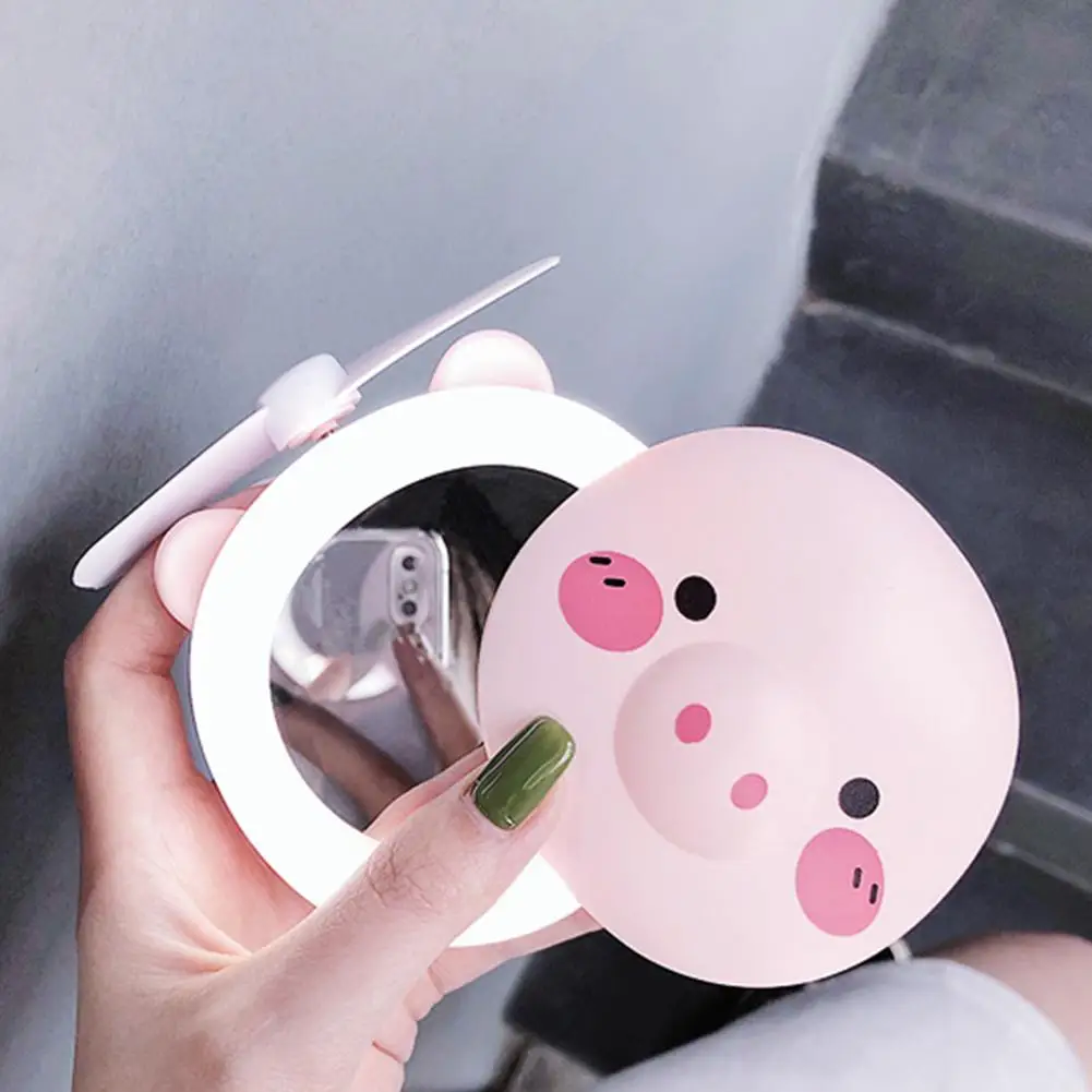 HobbyLane 1pcs Portable LED Cartoon Pig Fill Light Makeup Mirror Fan Bright Adjustable USB Charging Portable Handheld Mini Fan