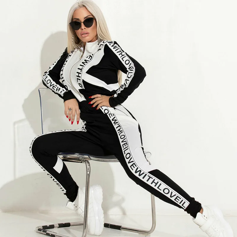 

2 Piece Sets Bomber Jacket and Jogging Pants Suit Letter Printed Tracksuit Women Sports Suit Female Fashion Long Sleeve Outfits