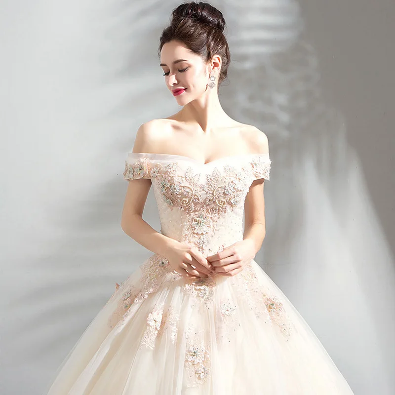 Это YiiYa свадебное платье Роскошные Аппликации Бисероплетение лодочкой шеи свадебные бальные платья длиной до пола на шнуровке LX1153 vestido de noiva