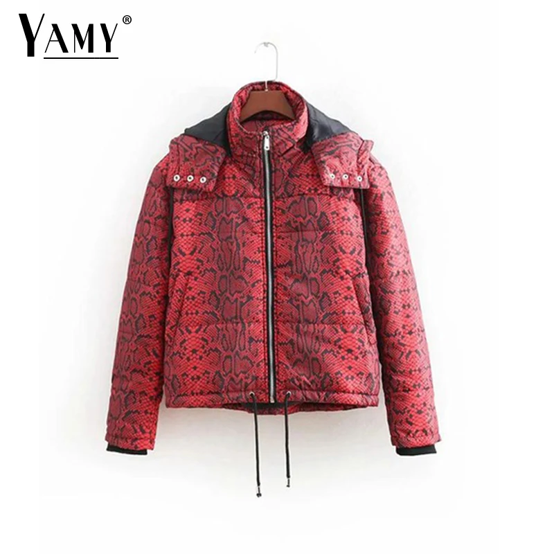 

2018 Winter snake print jacket women warm plus size bomber jacket female Korean Streetwear long sleeve hooded coat women clothes