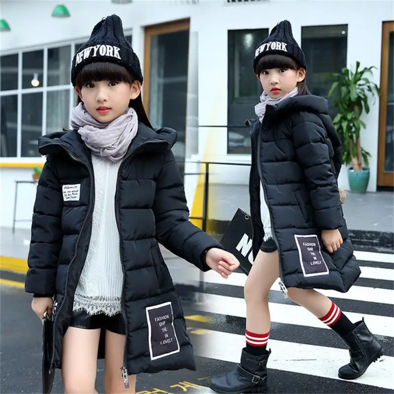 Новое зимнее пальто для маленьких девочек зимняя куртка с капюшоном для маленьких девочек от 5 до 12 лет теплая верхняя одежда для мальчиков, парки - Цвет: Black