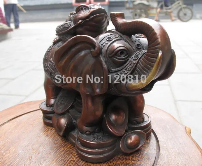 

5.5"China Bronze Frog on Yuanbao Elephant Lucky fengshui sculpture statue