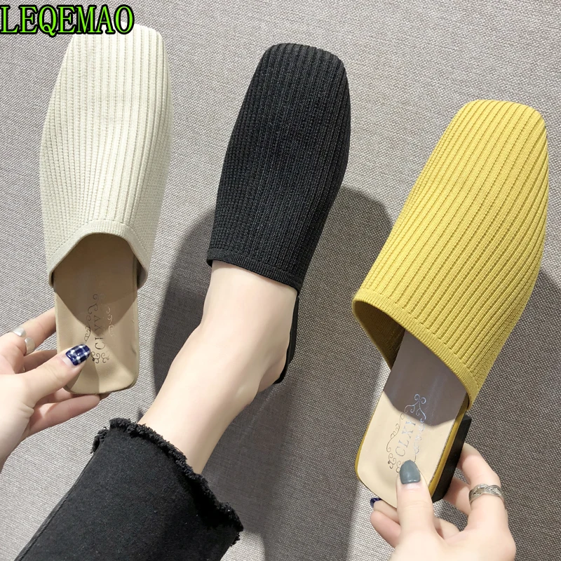 

2019 Brand Mules Elastic Cloth Round Toe Flats Heels Elastic Band Casual Shoes Women Yellow Black Slip On Slides