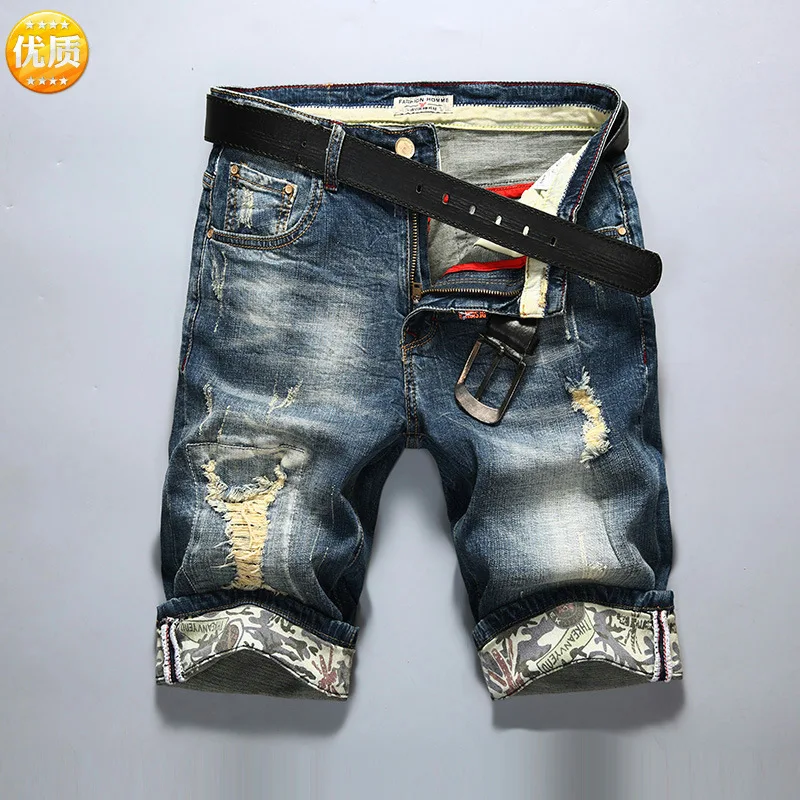Новые модные мужские рваные короткие джинсы брендовая одежда Бермуды летние 98% хлопковые шорты дышащие повседневные джинсовые шорты для