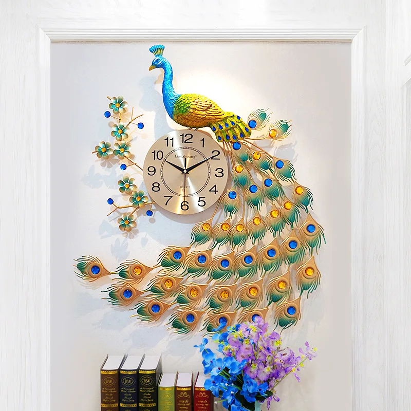 

Chinese Peacock Wall Clock Living Room Silent Wall Watch Home Decor Clock Wall Modern Design Large Metal Digital Wall Clocks