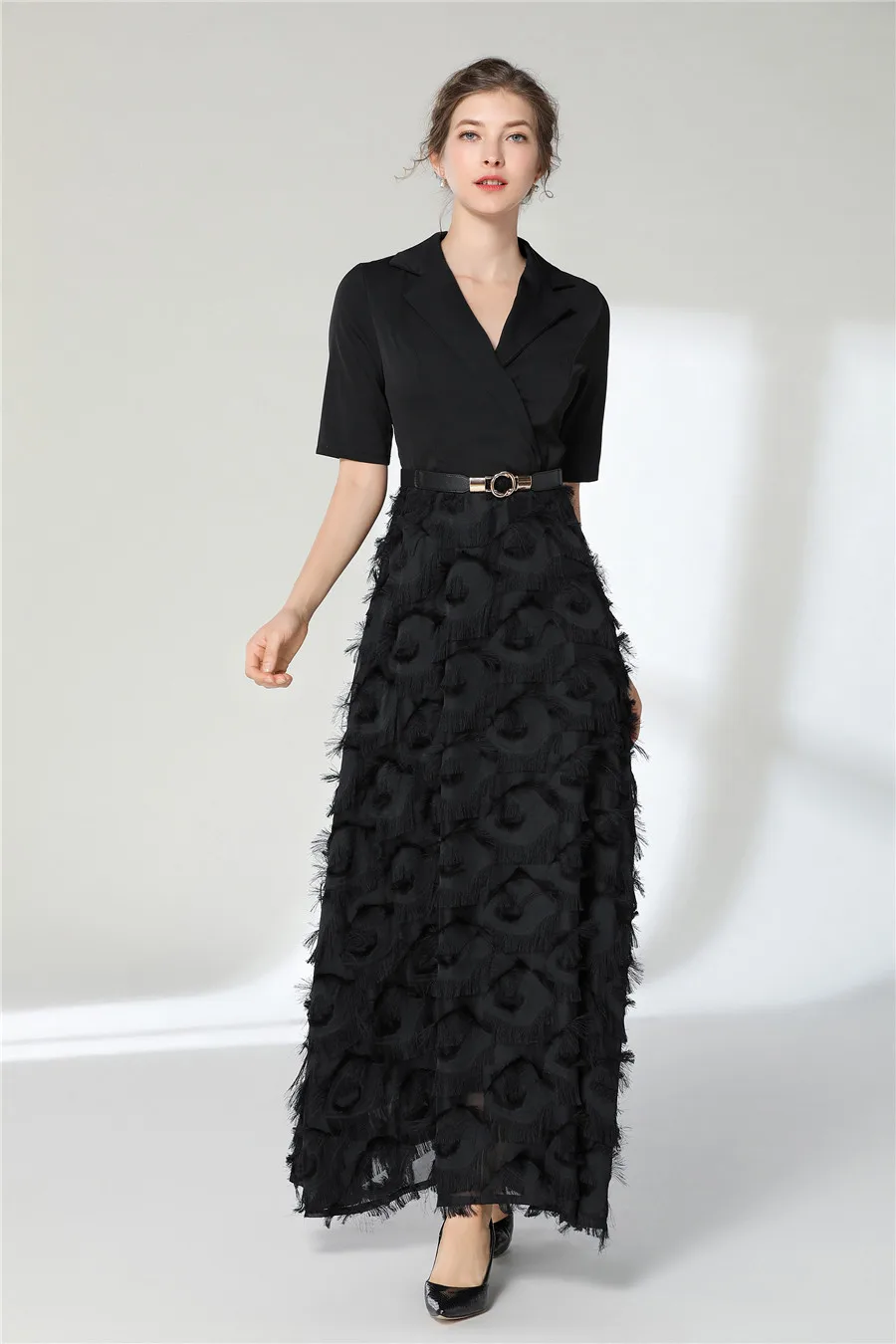 Модные черно-белые длинные вечерние элегантные женские платья с коротким рукавом и кисточками, повседневные макси платья трапециевидной формы