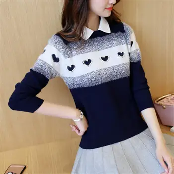 

Fashion lady autumn new doll collar love beaded fake two-piece long sleeve knit sweater female tide Slim fit Women's sweater
