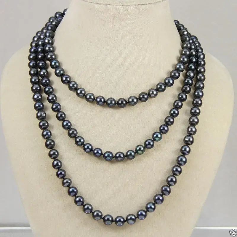 

FREE SHIPPING>>>@@ > New7-8mm Black real akoya Cultured Pearl Necklace 50
