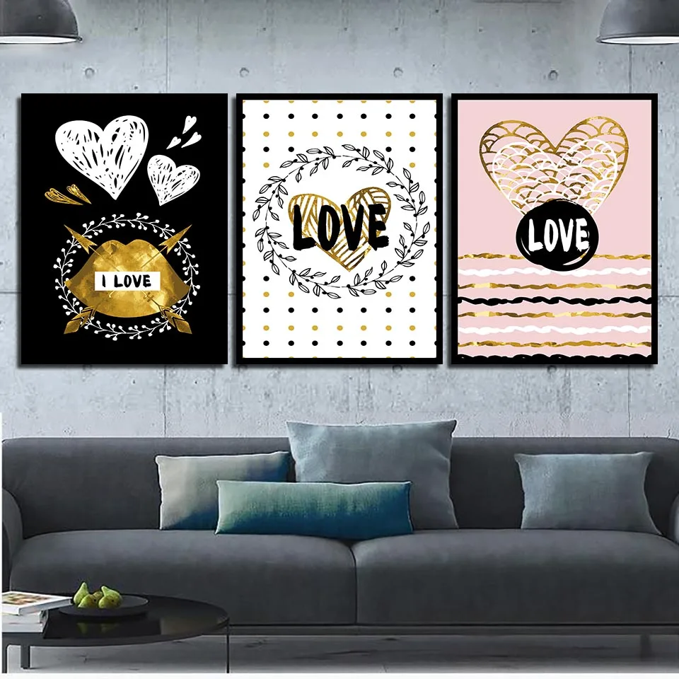 Nordic Posters Nursery Golden Love Heart Painting Canvas Wall Art