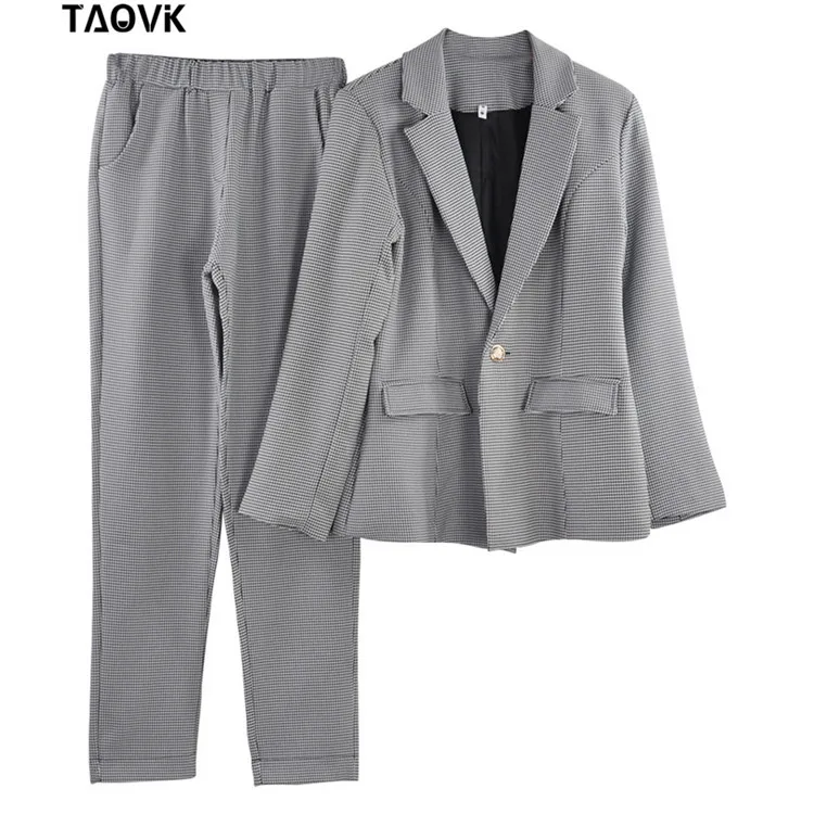 TAOVK шикарные женские маленькие клетчатые костюмы деловые брючные костюмы на одной пуговице 2 кармана Блейзер на подкладке топ и брюки комплект из двух предметов