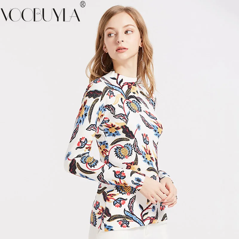 Voobuyla Long Sleeve Sweater Women 2019 Spring Woman Half High Collar Slim Kniting Pullover and Tops Femme Print Jumper | Женская одежда