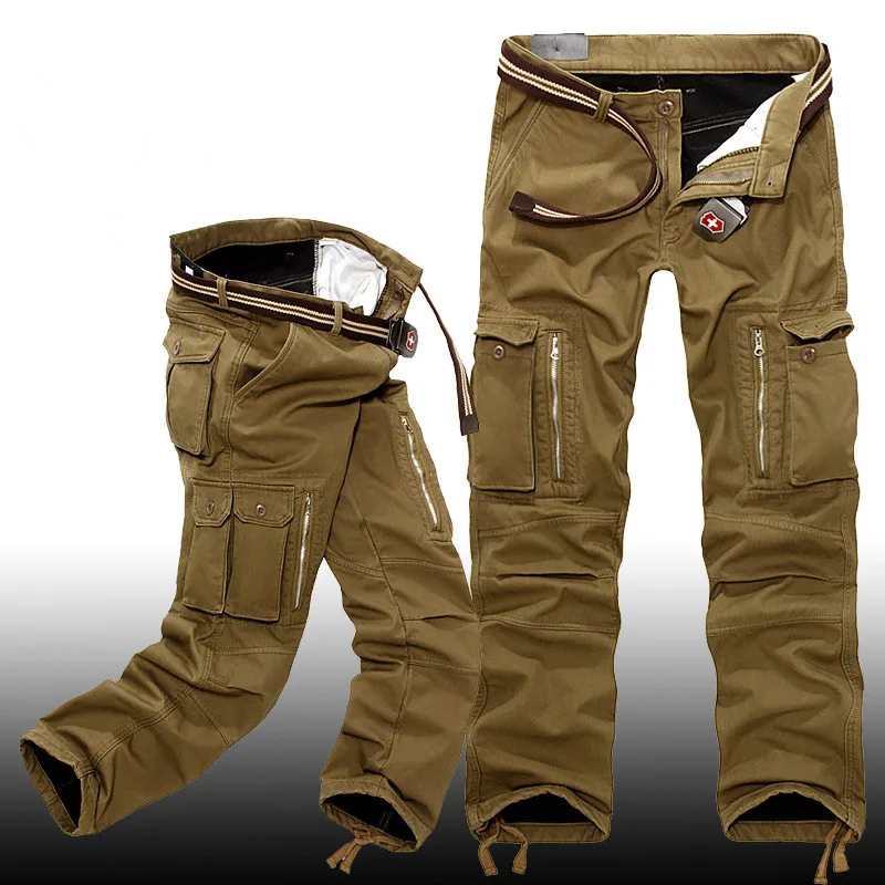 Forro de lã Treinamento ao ar Inverno Masculino Grosso Quente Solto Macacão Calças Livre Caminhadas Acampamento Zíper Bolsos Carga Militar 6 caminhadas acampamento zíper bolsos carga militar