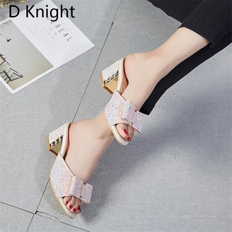 2018 Female Slippers Sepuined Cloth Sandals Summer Shoes Women Mules Lady Flip Flops Black High Heeled Slides Shoes Plus Size 43 (22)