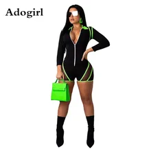 Sexy Sheer Mesh Fluorescence Color Striped Patchwork Playsuits Long Sleeve Zipper Trim Shorts Jumpsuit Night Club Overalls Sexy Sheer Mesh Fluorescence Color Striped Patchwork Playsuits Long Sleeve Zipper Trim Shorts Jumpsuit Night Club Overalls