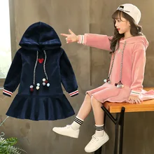 Девочки весна осень Золотой Бархат с длинным рукавом платье дети мода плиссированные принцесса с Капюшоном Платья Детские Зимние цельные От 4 до 13 лет