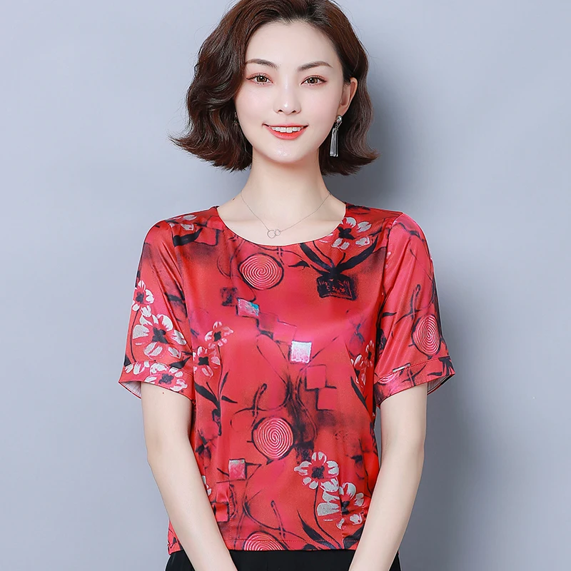 Korean Fashion Silk Women Blouses Satin Womens Tops and Blouses Print Short Sleeve Women Shirts Plus Size XXXL Ladies Tops