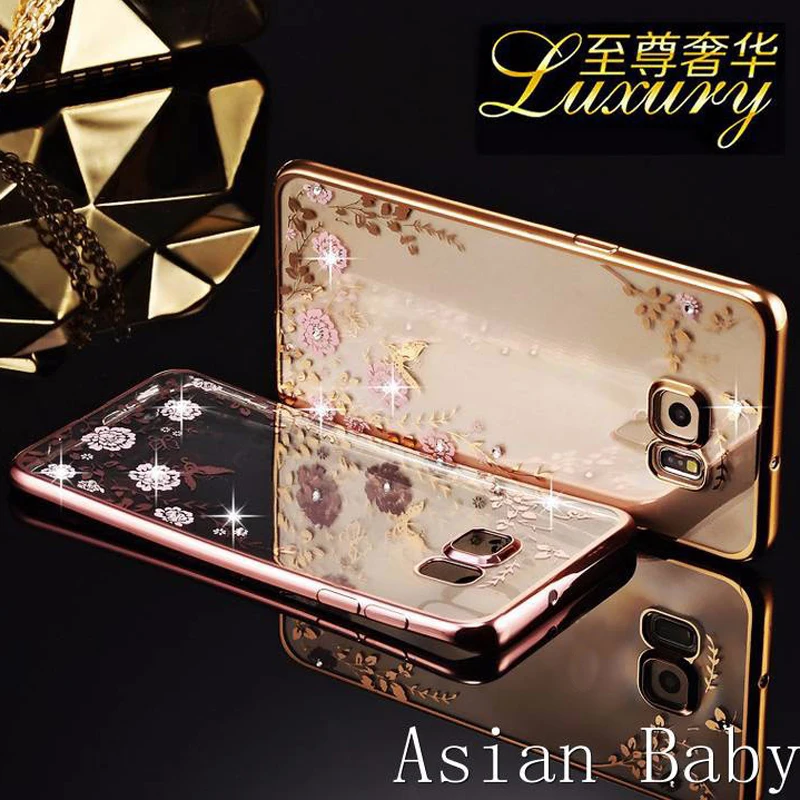 Sunjolly цветок Мягкий ТПУ чехол для телефона розовое золото Bling Rhinestone coque fundas Samsung Galaxy