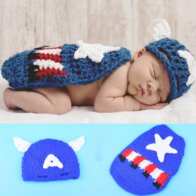 

knitted suit newborn baby photography accessories dress up suits America hero captain cloak costume