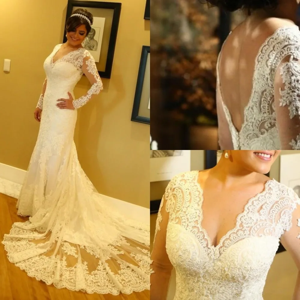 Precio Especial Vestidos De Novia Vintage De Manga Larga De Sirena 2020 Con Cuello En V Apliques Sin Espalda Vestido De Novia De Corte De Cola Vestido De Noche De Talla Grande