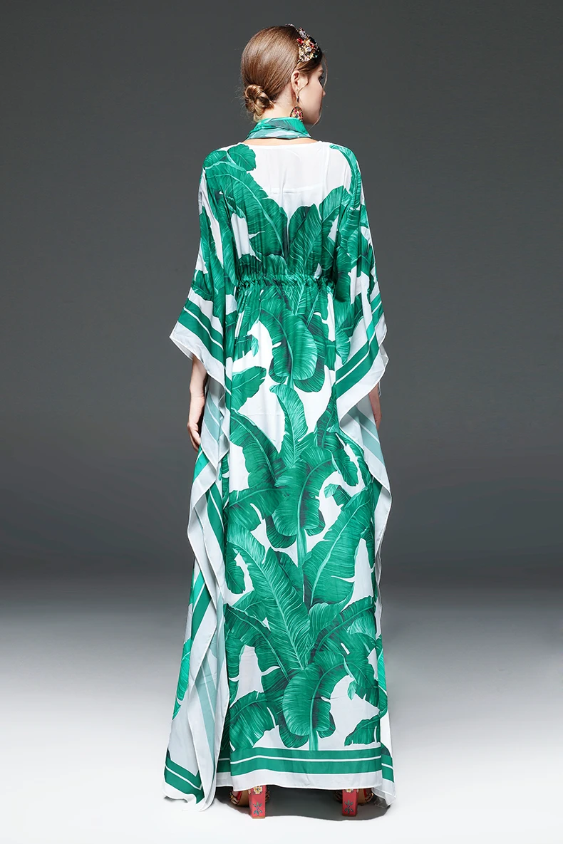 Высокое качество, подиумное модное дизайнерское макси платье, женское платье с рукавом летучая мышь, зеленое пальмовое платье с цветочным принтом, свободное повседневное длинное платье