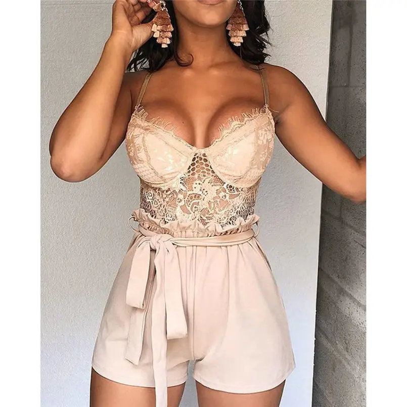New  Women Summer Sexy Solid  Fashion Lace Jumpsuits Vest Tank Top Casual Playsuit Loose Beach Short Elegant Lady Pants #4R06 (13)