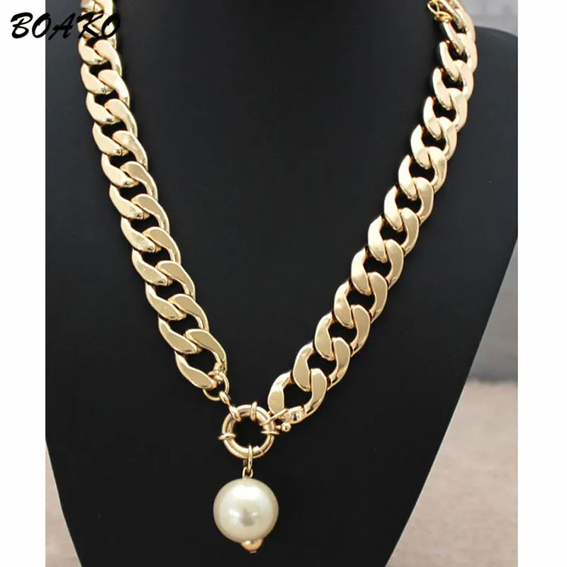

BOAKO Exaggerated Cuban Thick Chain Necklace Simulated Pearl Pendant Necklace For Women Fashion Jewelry Personalized Necklace