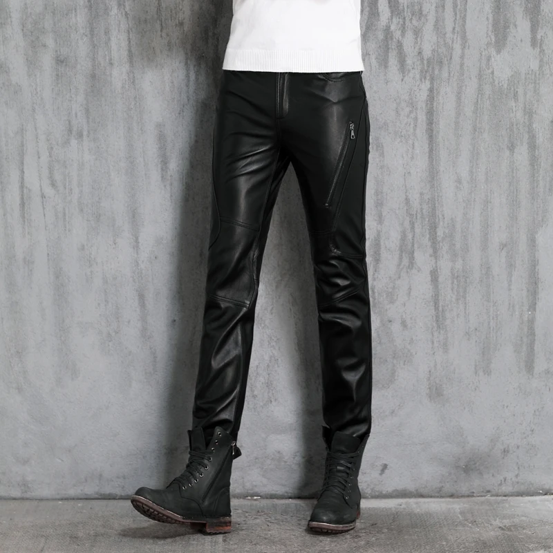 

Autumn Winter Men's Genuine Pants Black Motorcycle Thermal Sheepskin Leather Pants Male Natural Warm Thick Leather Pants