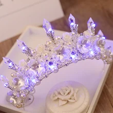 2017 New Baroque Handmade LED Tiara Women Crystal Floral Headdress Pearls Rhinestone Light Crowns Wedding Hair Accessories HG126