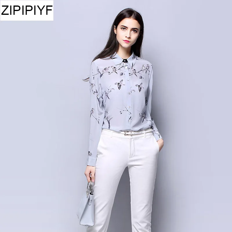 En Ligne 2018 Printemps Vintage Femmes blouses En Soie En Mousseline De Soie À Manches Longues Bande Dessinée Impression Chemisier Chemise Tops grande Taille Col rabattu VXR111