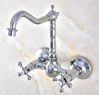 Modern Polished Chrome Brass Wall Mounted Bathroom Basin Kitchen Sink Faucet Swivel Spout Mixer Tap Dual Cross Handles anf584 high quality chrome brass widespread bathroom basin mixer faucet double handles wall mount