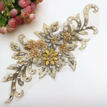 

3pcs BEIGE 19x38cm 3D Beaded Embroidered Wedding Clothes Dress Patch Yellow Sew on Stones Rhinestone Designers Clothes Patches