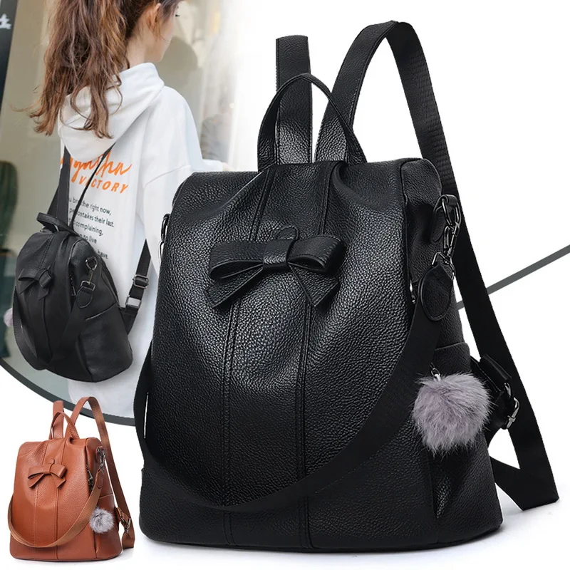 

Litthing Quality Leather Anti-thief Women Backpack Large Capacity Hair Ball School Bag for Teenager girls Male Travel Bags New