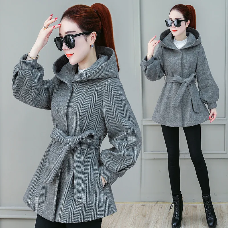 Осень-зима шерстяные пальто сплошной цвет Для женщин куртка с капюшоном 2018 новая корейская мода для отдыха теплый талии женские Верхняя