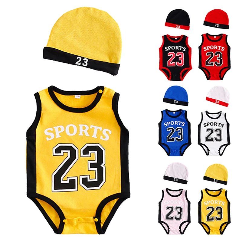 

Summer Baby Boy Girl Cotton Number 23 Infant Rompers Sleeveless Jumpsuit+Hat Newborn Romper Set Toddler Clothes