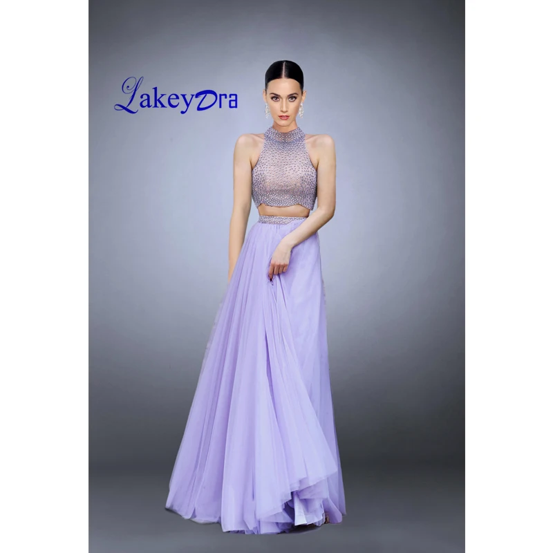 

Lakeydra A-Line Prom Dresses Two Pieces Tulle High Neck with Bead Sleeveless Zipper Back Cut Out Formal Wear Vestido Party Gowns