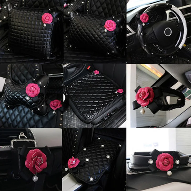 

Camellia Series Sets Car Interior Accessories Leather Steering Wheel Cover Auto Crystal Headrest Pillows Tissue Box Armrest