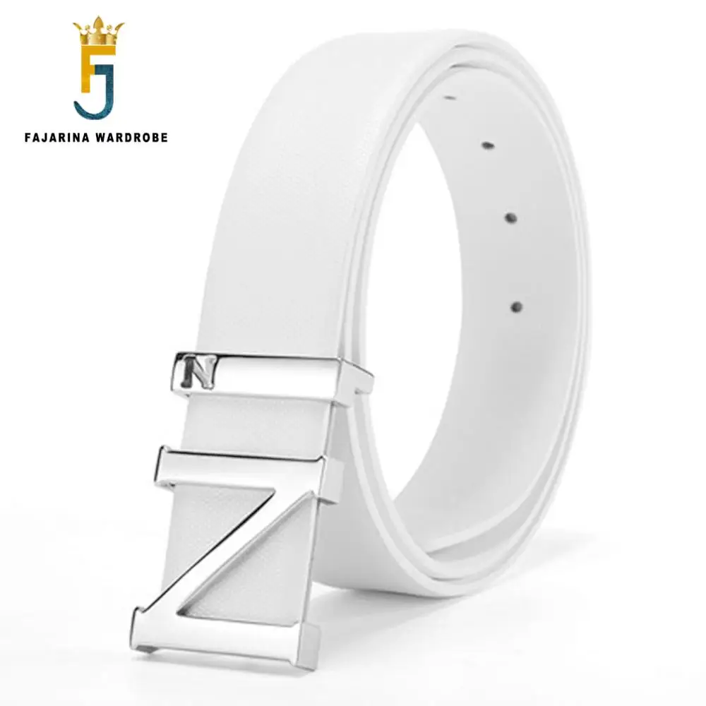 FAJARINA New Design Men's Light Blue Cowhide Genuine Leather Straps Pants Slide Buckle Metal Belts for Men Trousers PXFJ86