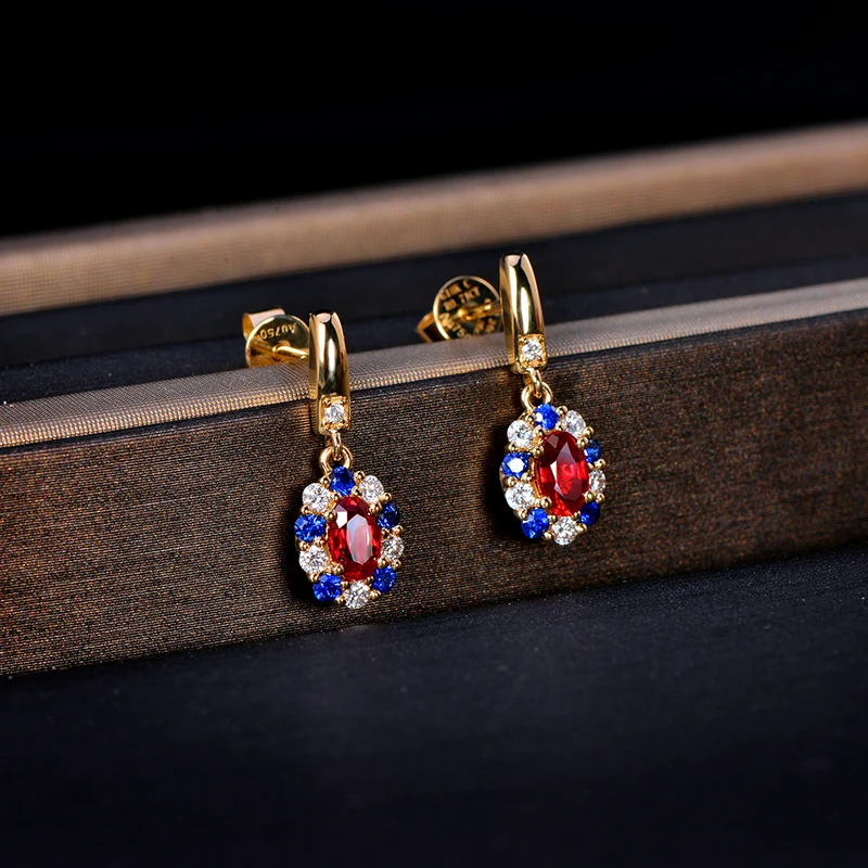 Caimao 0.72ct Red Ruby Earrings with Round Diamond Sapphire 14k Yellow Gold Exquisite Dangle